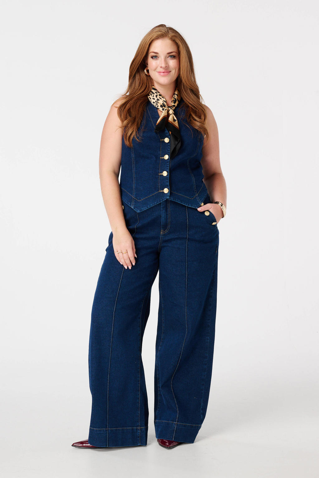 Blauwe dames MS Mode wide leg jeans van denim met rits- en knoopsluiting en effen