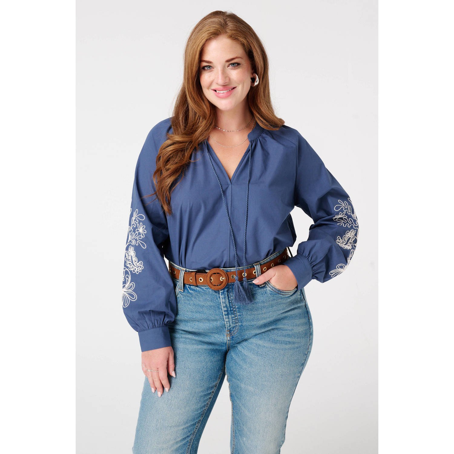 MS Mode blousetop blauw broderie