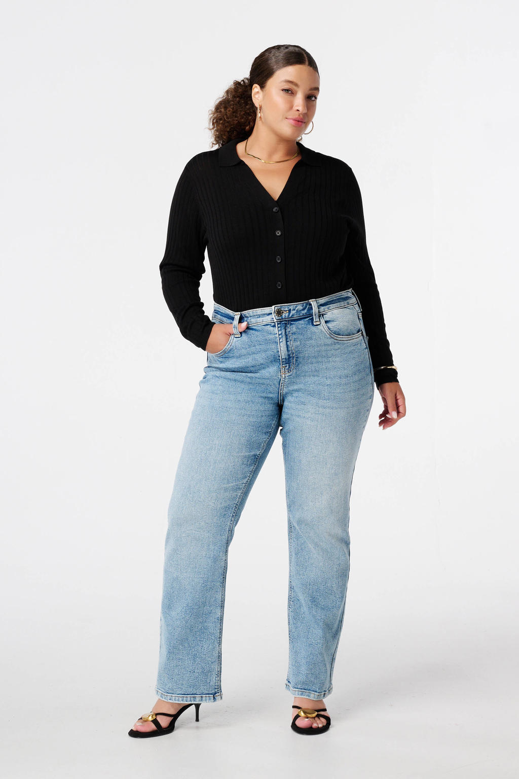 Light blue denim dames MS Mode straight jeans van denim met regular waist, rits- en knoopsluiting en effen
