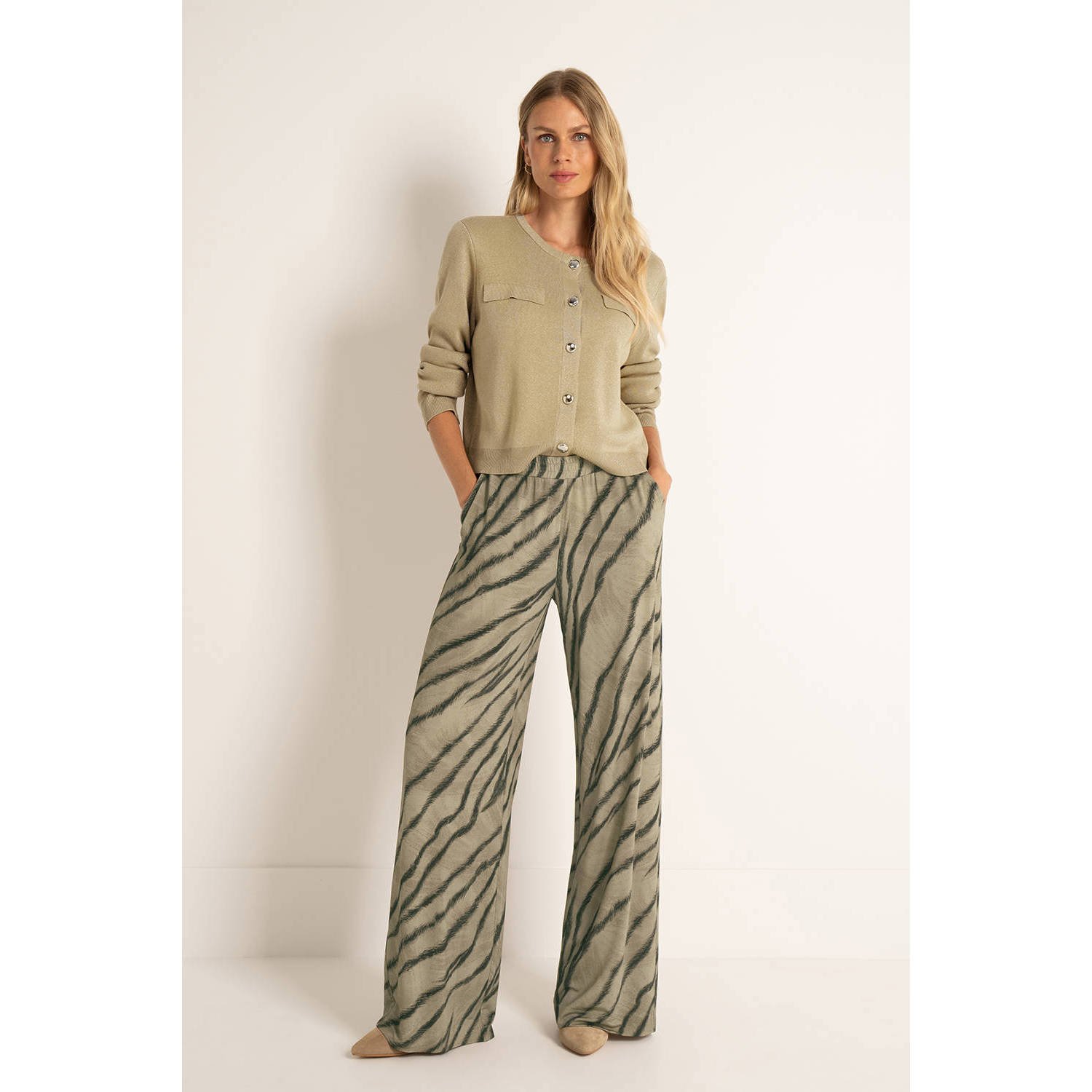 Claudia Sträter wide leg high waist casual broek lichtkaki