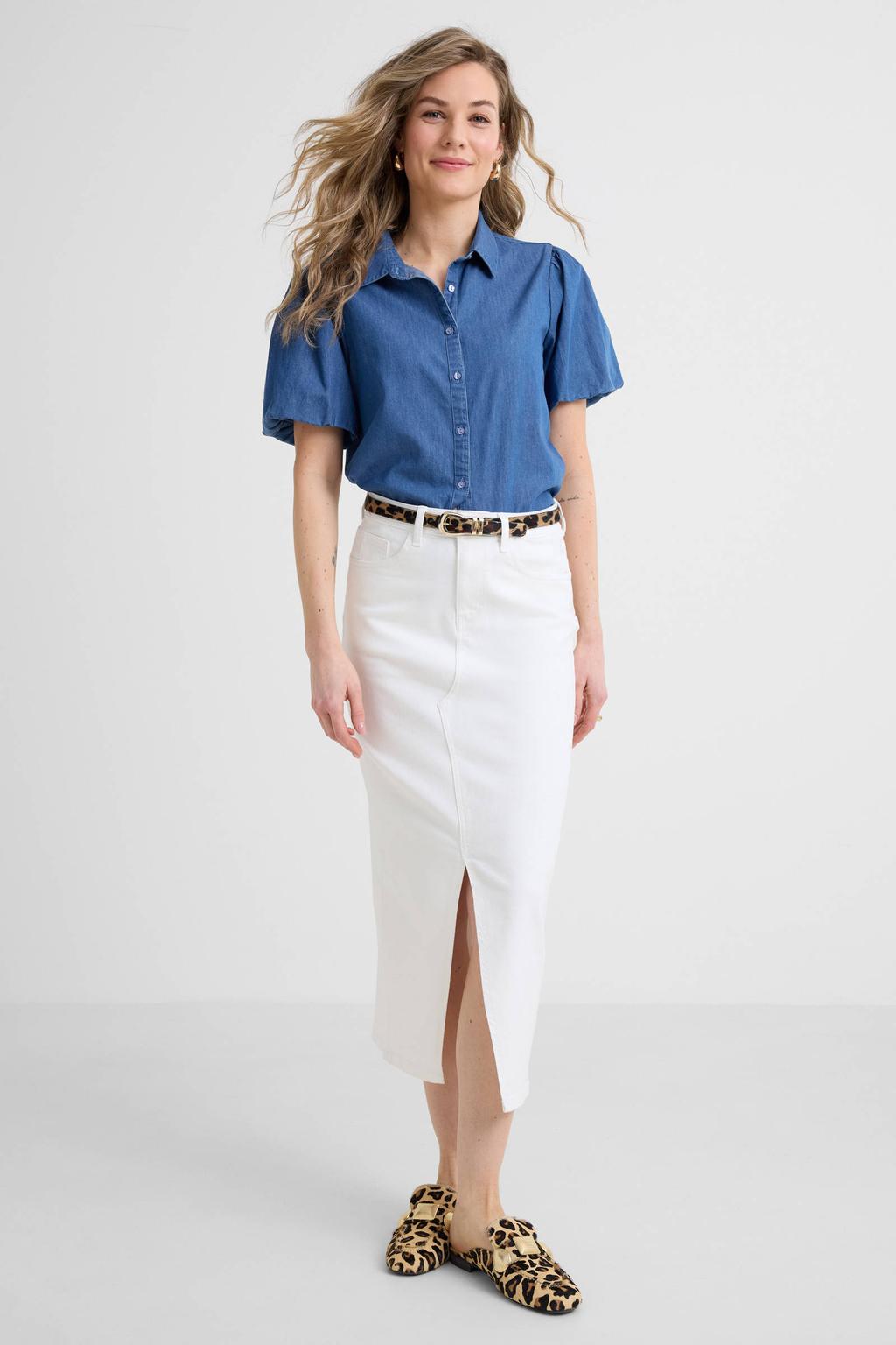 Witte dames Anytime rok gemaakt van stretchdenim en met rits- en knoopsluiting