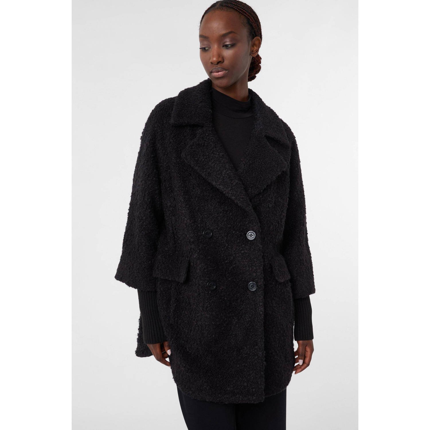 Comma boucle mantel zwart