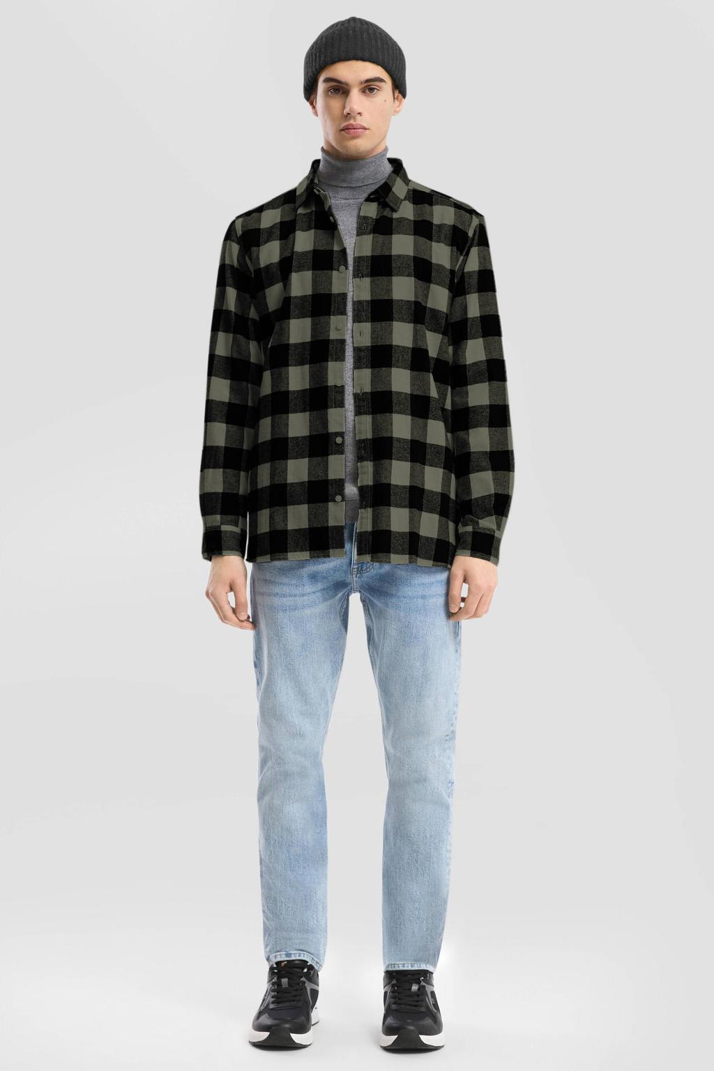 Donkergroene heren QS casual overhemd van katoen met ruitenprint, lange mouwen, klassieke kraag en knoopsluiting