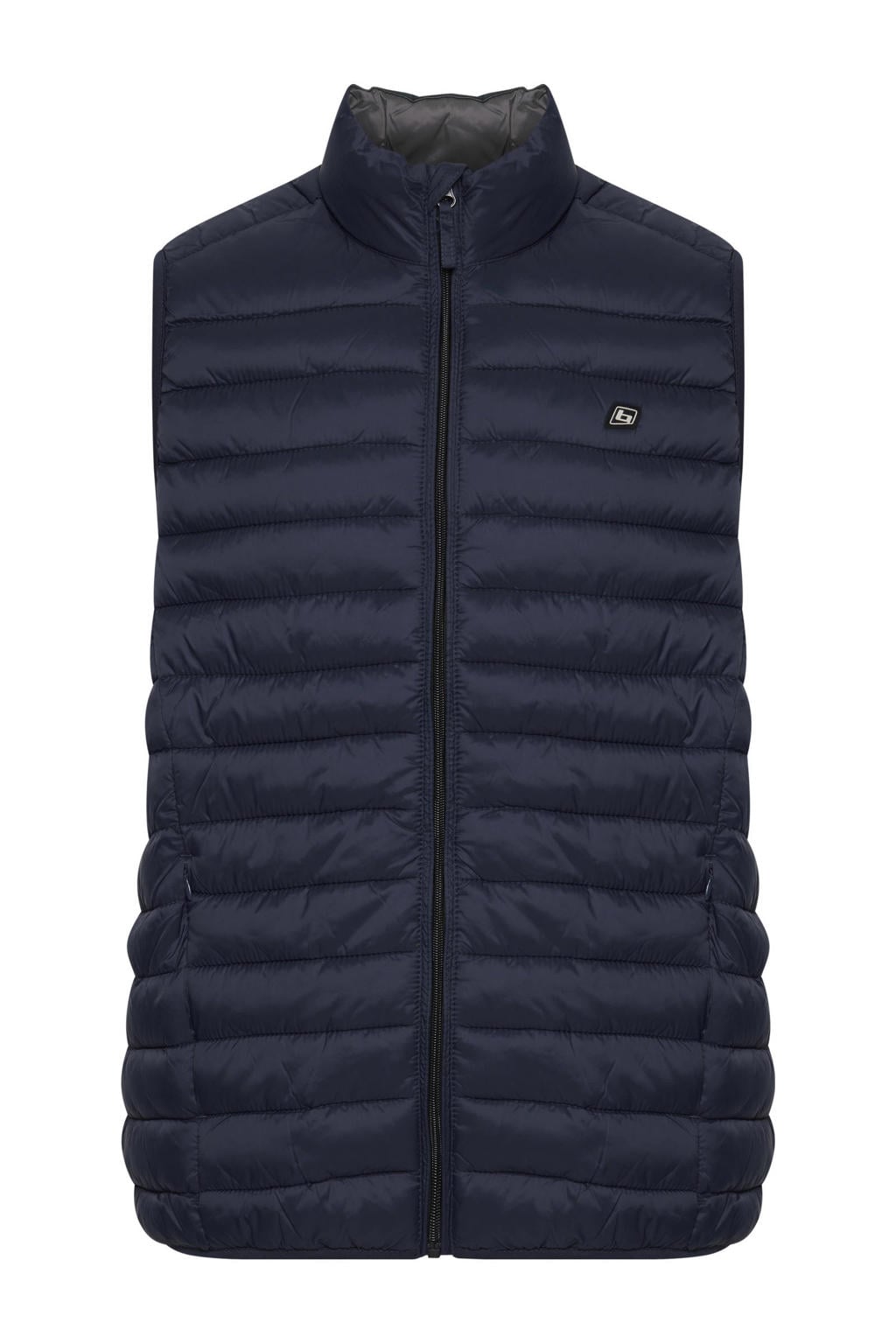 Donkerblauwe heren Blend bodywarmer van nylon met logo dessin, opstaande kraag, ritssluiting en doorgestikte details