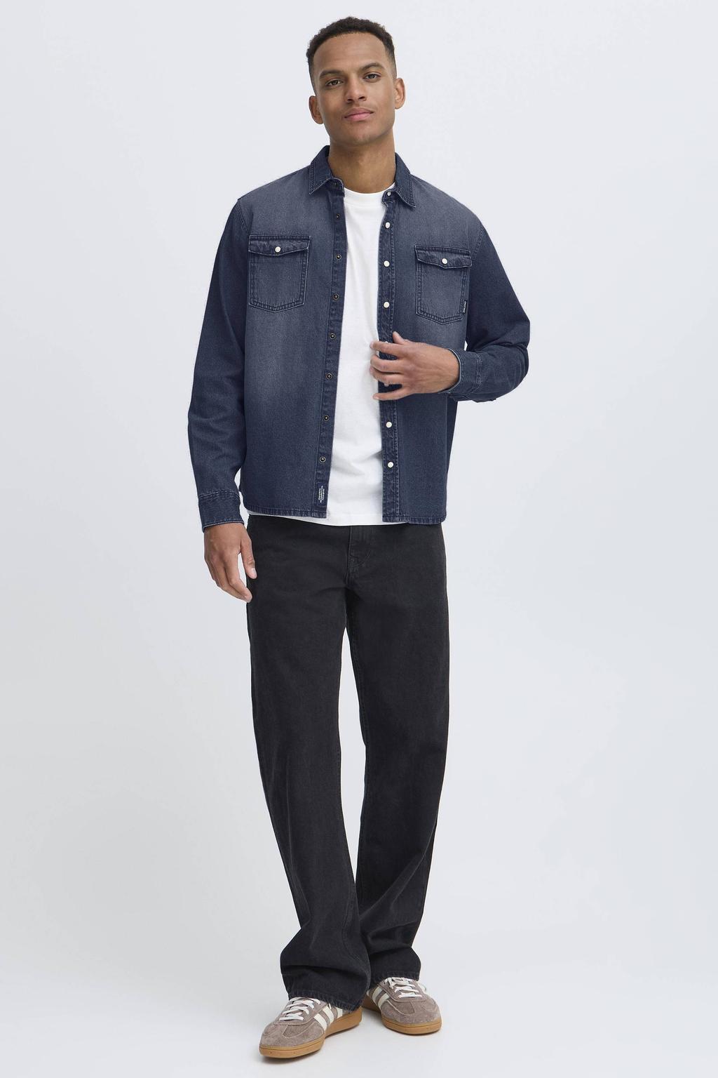Blauwe heren Blend regular casual overhemd van denim met effen, lange mouwen, klassieke kraag en drukknoopsluiting