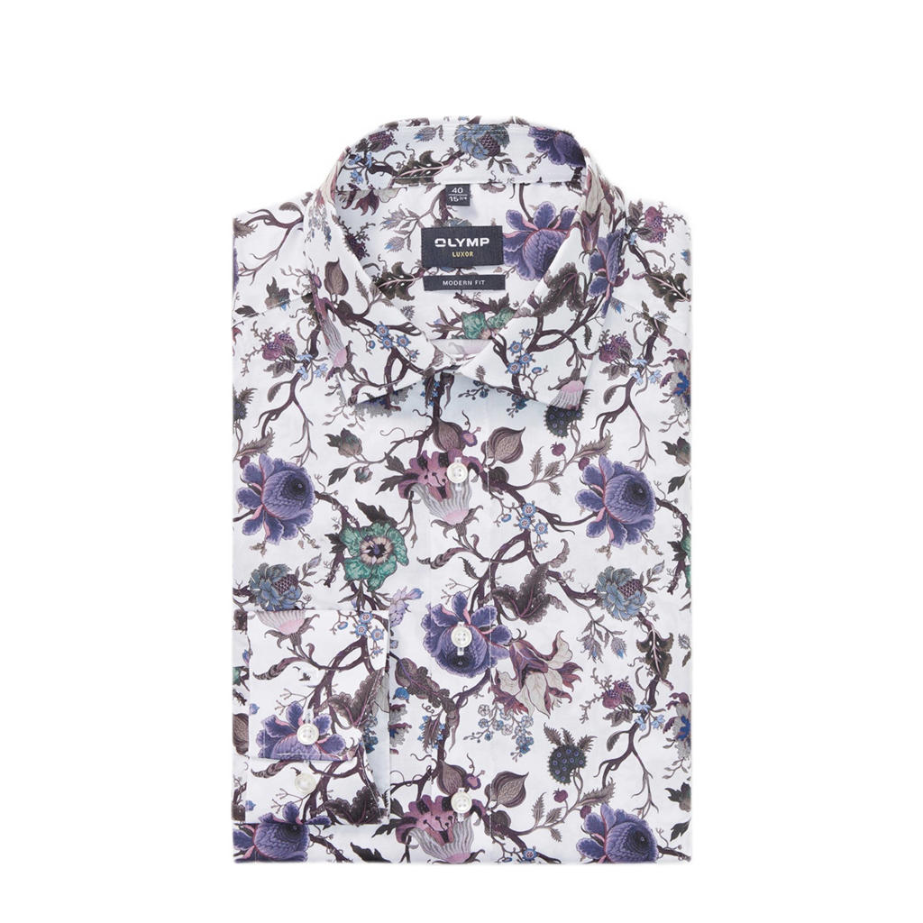 Witte heren Olymp getailleerd casual overhemd van katoen met lange mouwen, klassieke kraag en knoopsluiting