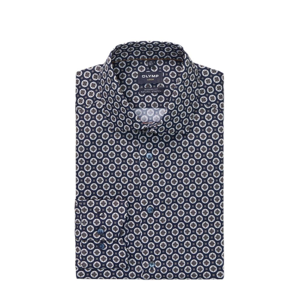 Donkerblauwe heren Olymp Slim casual overhemd van katoen met lange mouwen, klassieke kraag en knoopsluiting