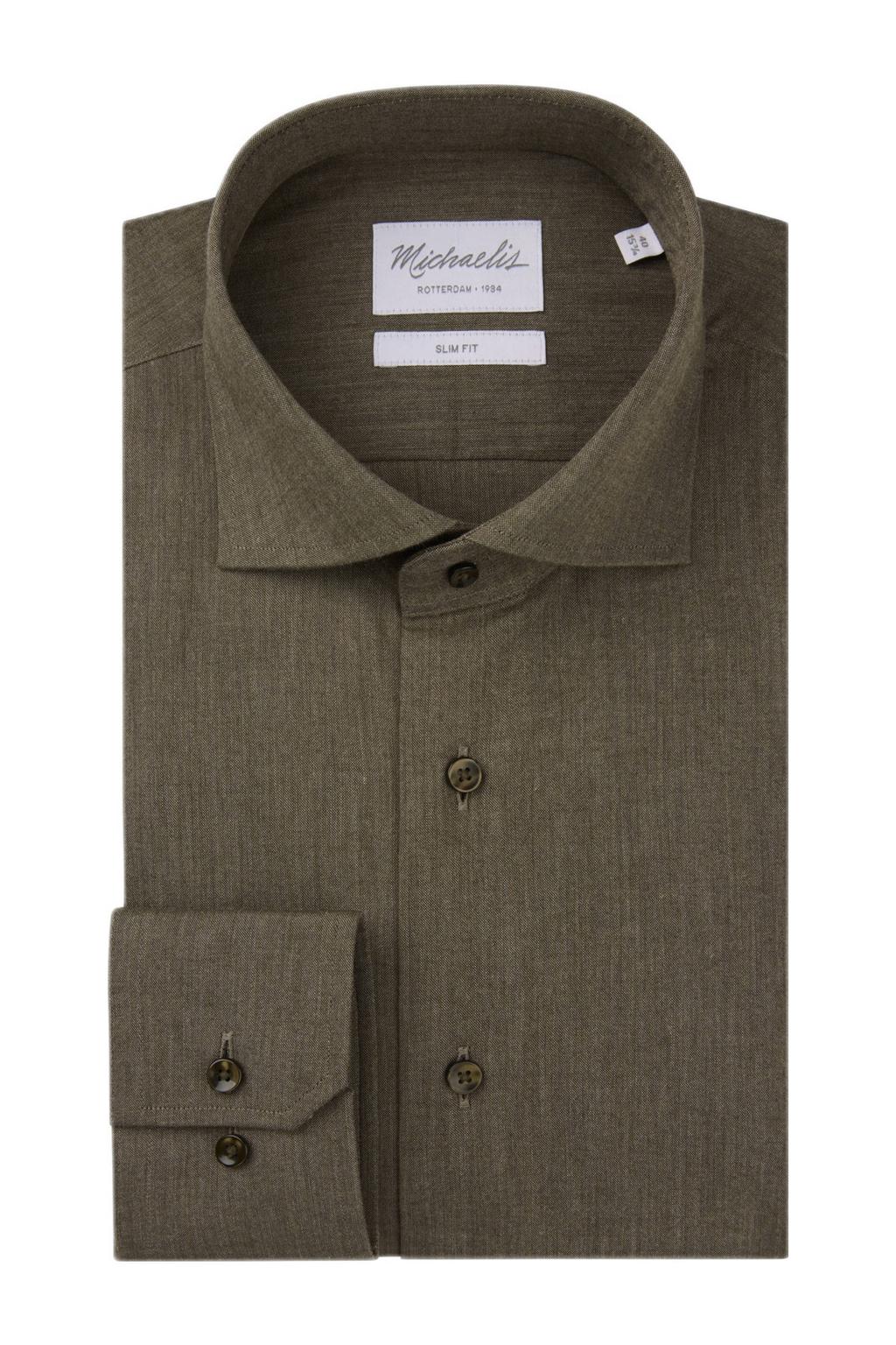 Bruine heren Michaelis slim casual overhemd van katoen met effen, korte mouwen en klassieke kraag