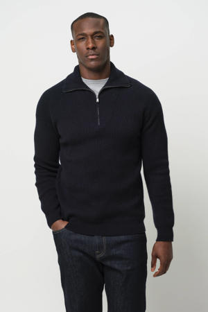 trui met wol met ingebreid patroon donkerblauw