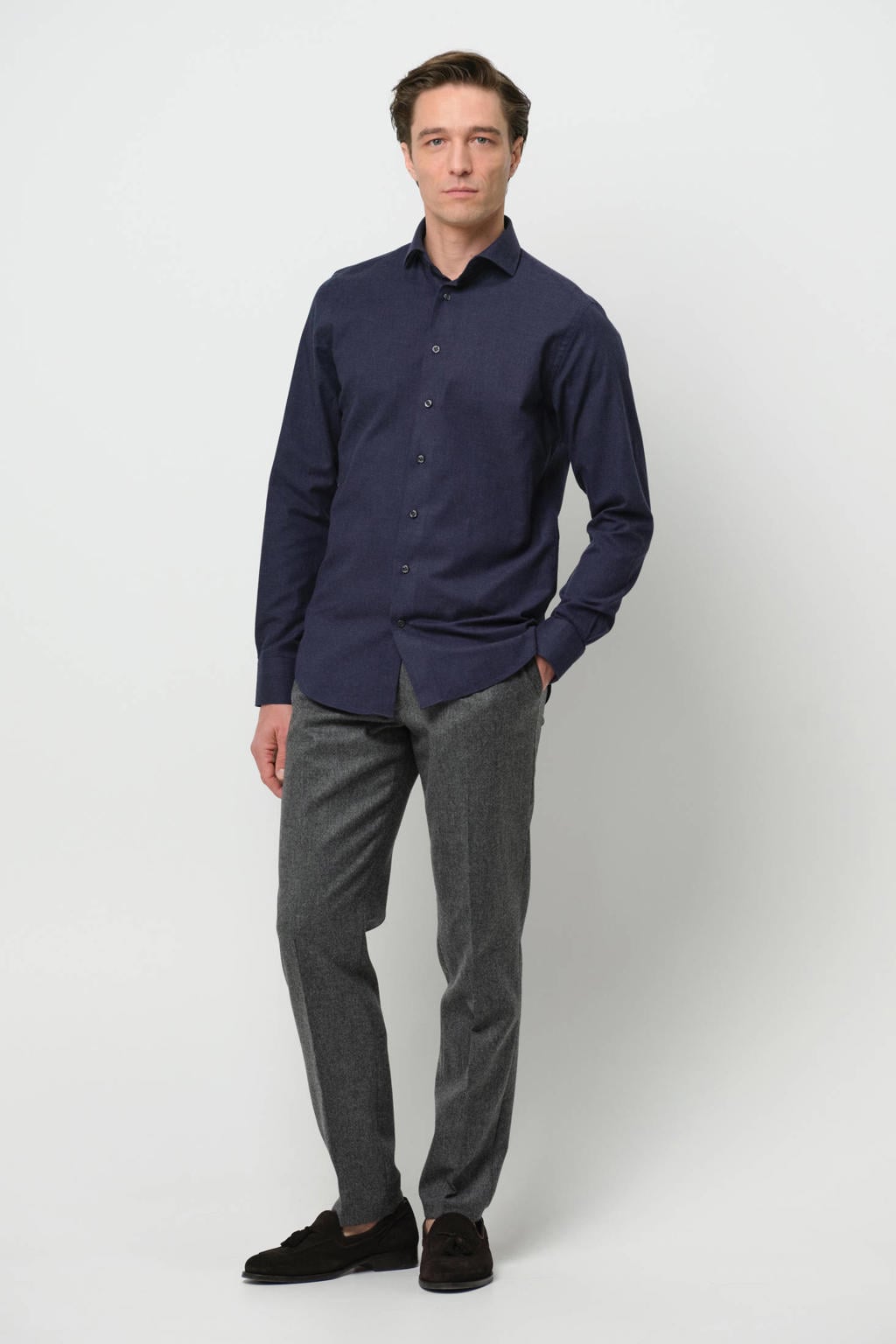 Donkerblauwe heren Profuomo slim casual overhemd van flanel met effen, lange mouwen en klassieke kraag