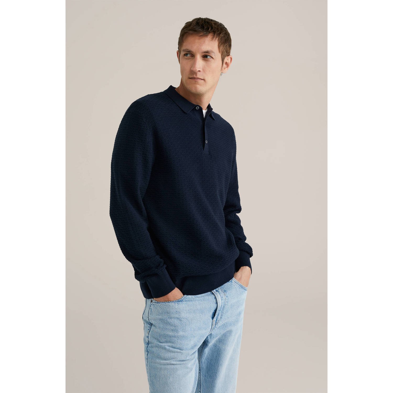 WE Fashion trui met ingebreid patroon donkerblauw