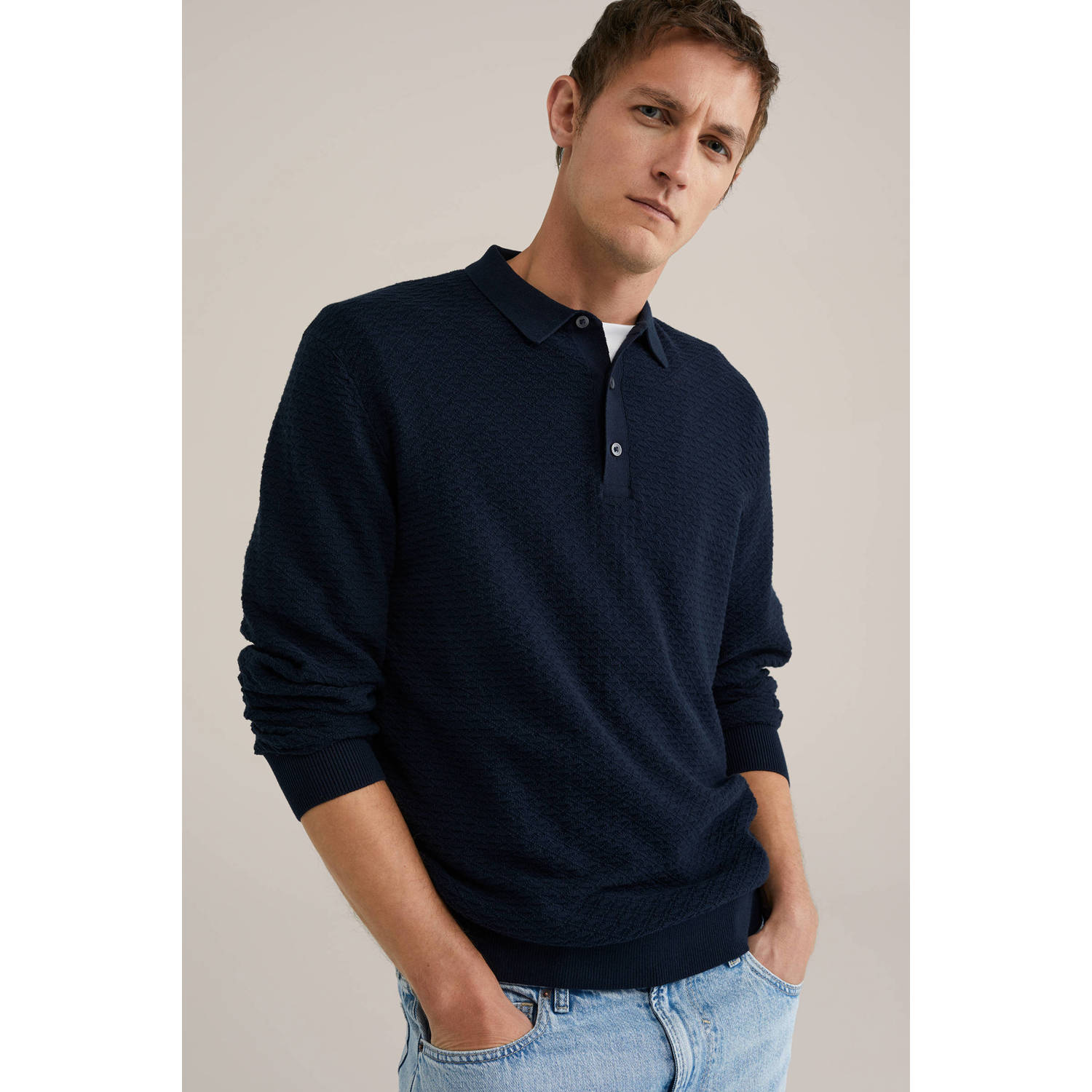 WE Fashion trui met ingebreid patroon donkerblauw