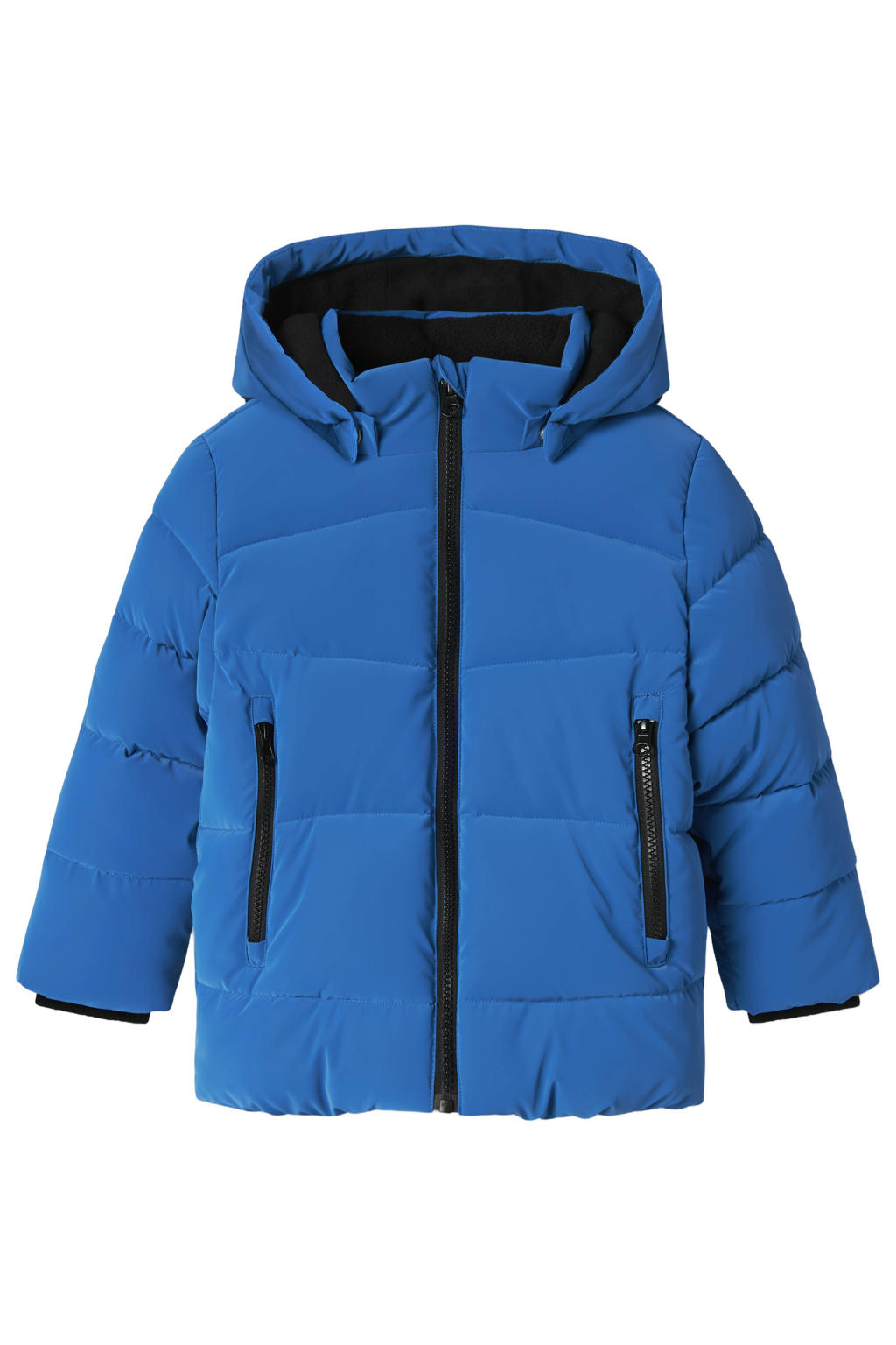 Blauwe jongens NAME IT MINI gewatteerde jas van polyester met effen, lange mouwen, capuchon en ritssluiting