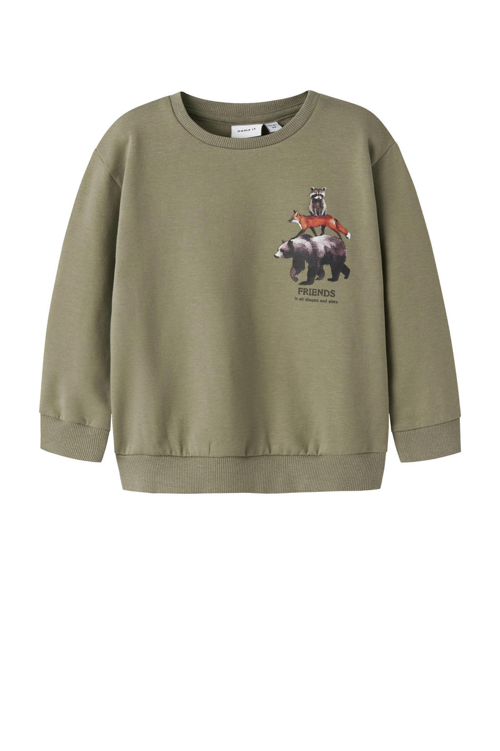 Groene jongens NAME IT MINI sweater met printopdruk, lange mouwen, ronde hals en geribde boorden