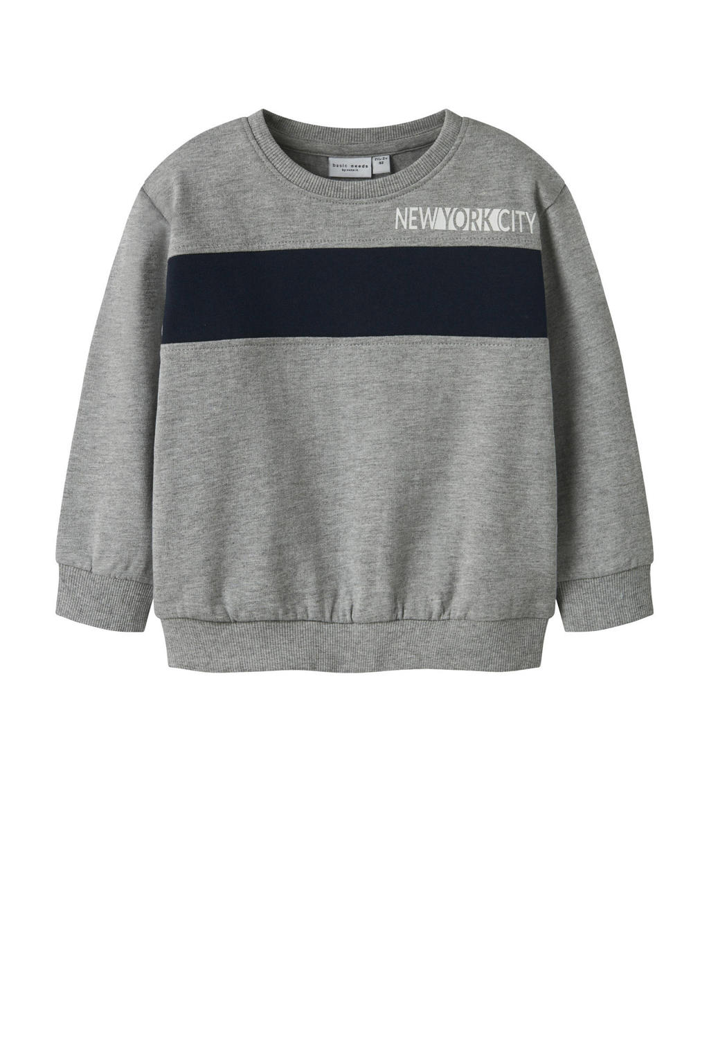 Grijs melange jongens NAME IT MINI sweater melange met printopdruk, lange mouwen en ronde hals