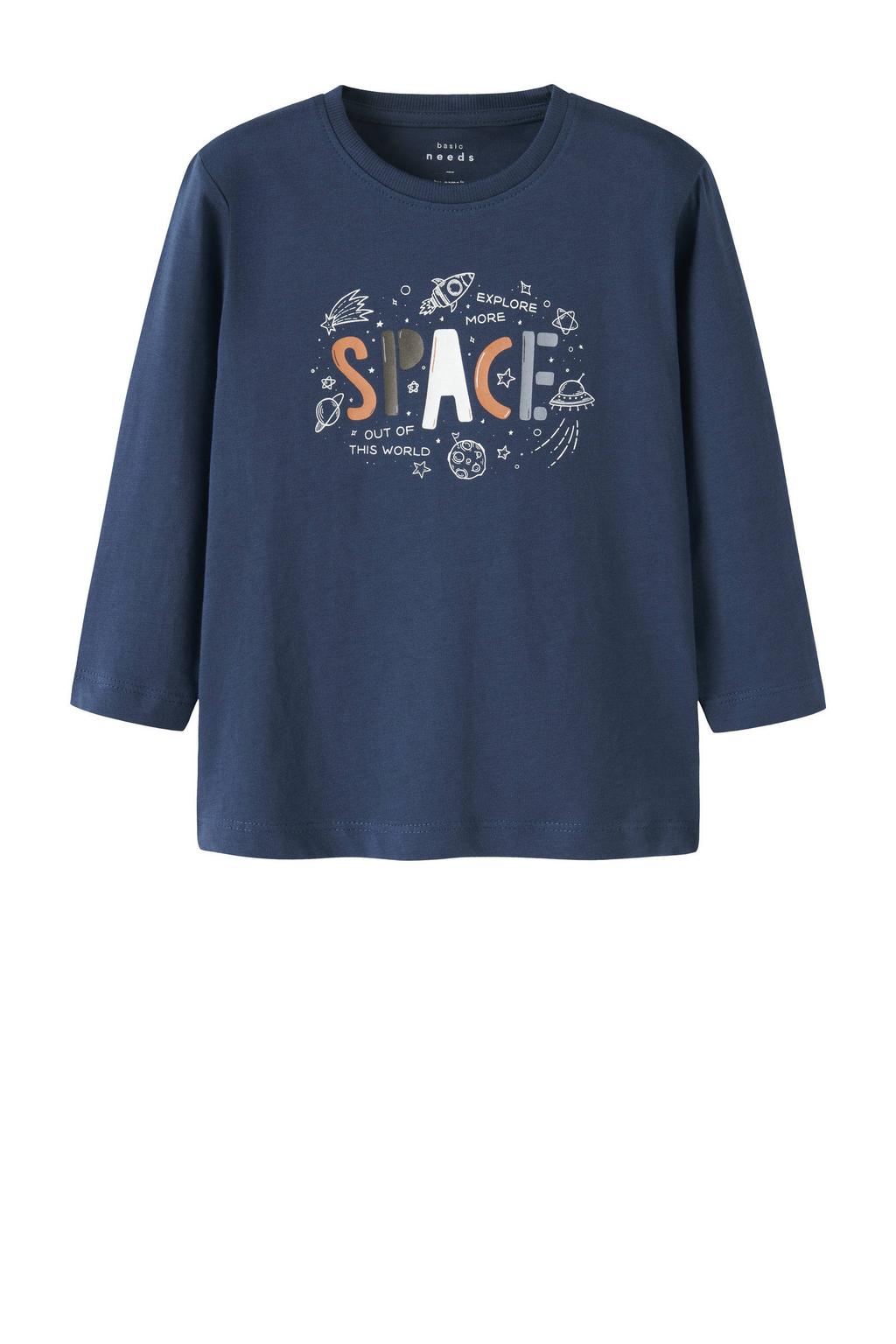 Donkerblauwe jongens NAME IT MINI longsleeve van katoen met printopdruk, lange mouwen en ronde hals