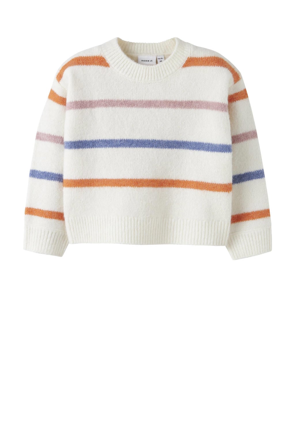 Wit, oranje en blauwe meisjes NAME IT MINI trui gebreid van polyester met strepenprint, lange mouwen en ronde hals