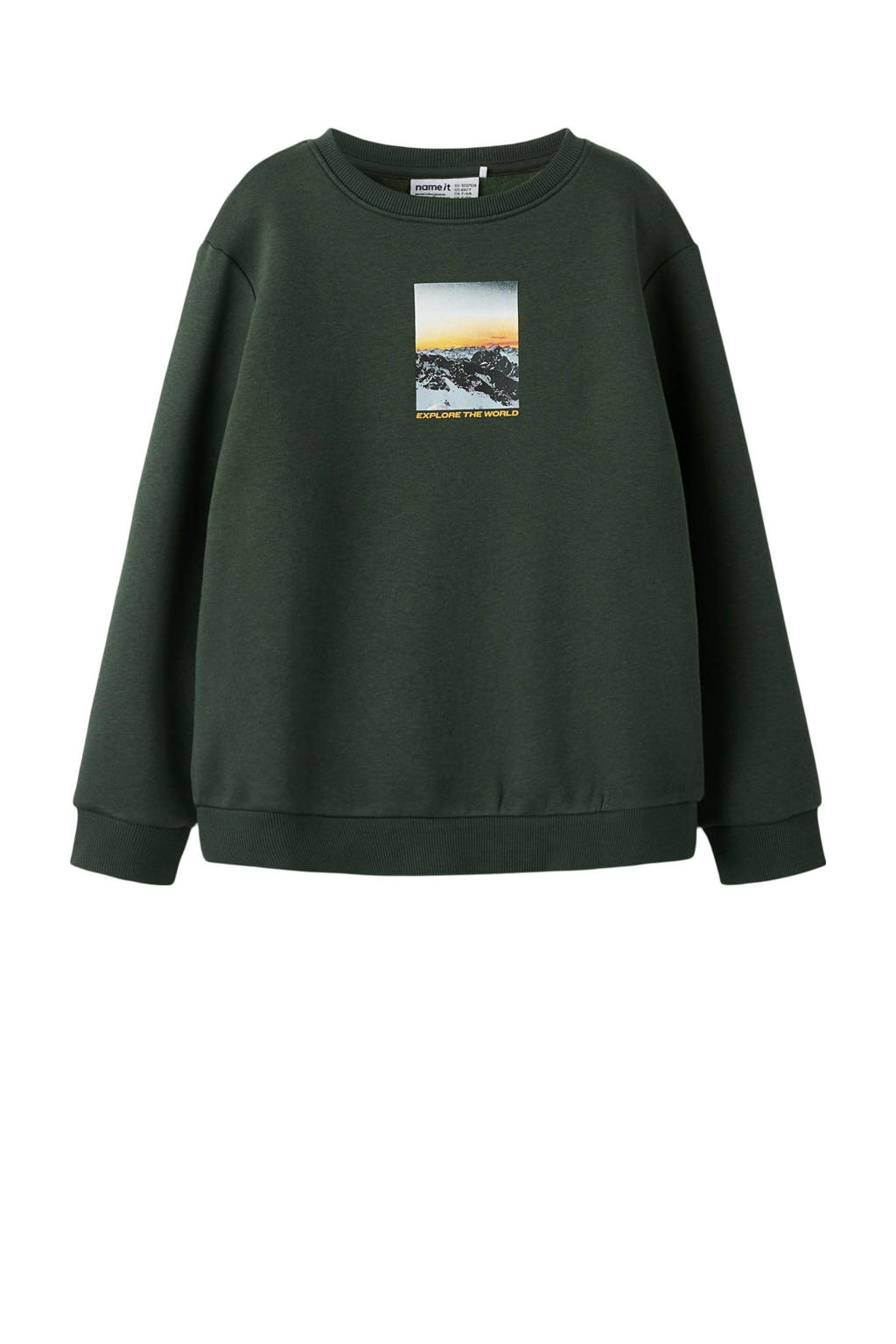 Donkergroene jongens NAME IT KIDS sweater met printopdruk, lange mouwen, ronde hals en geribde boorden