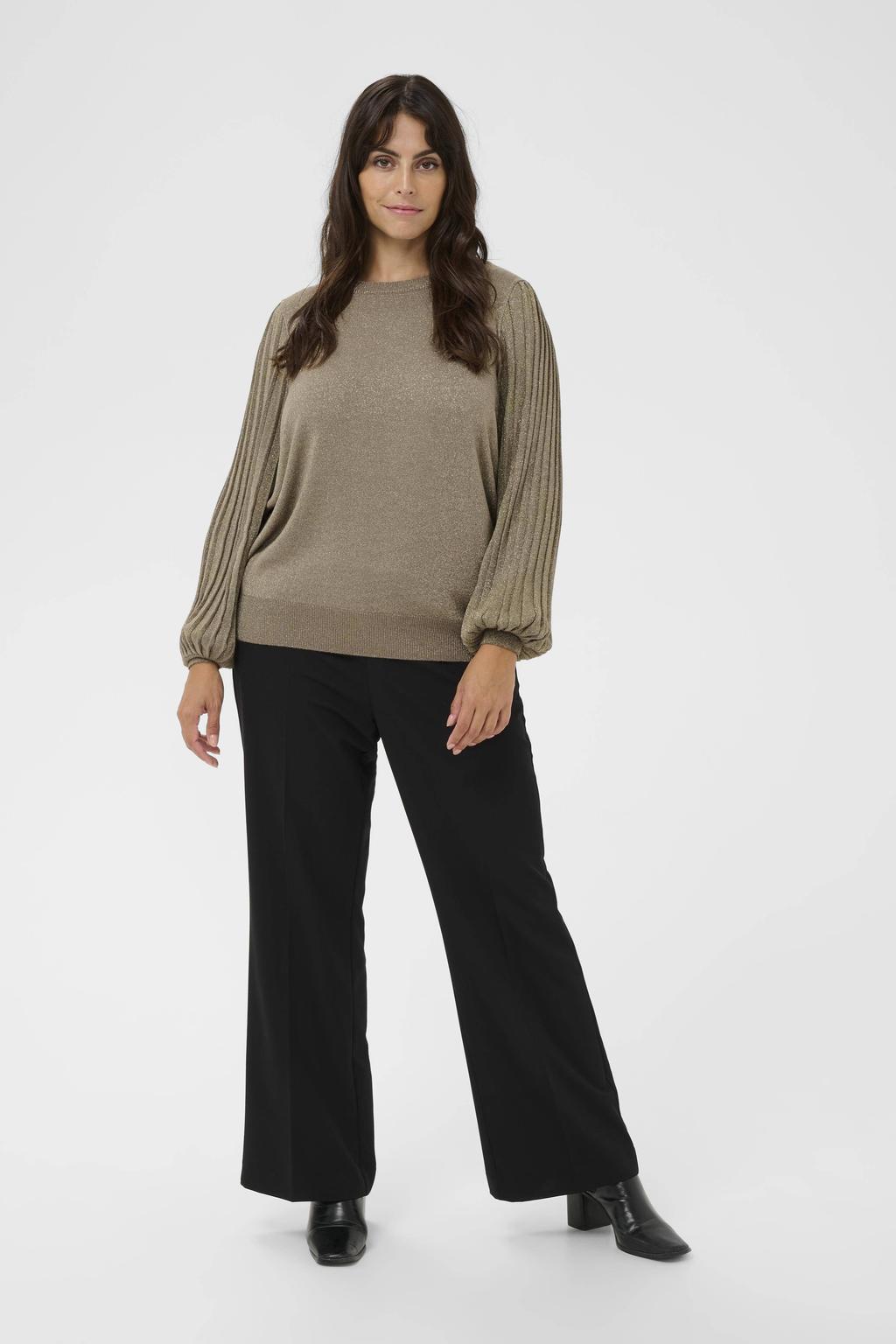 Lichtbruine dames Kaffe Curve gebreide trui van viscose met effen, lange mouwen, ronde hals en glitters