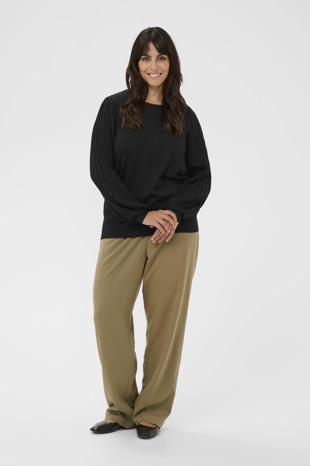 Zwarte dames Kaffe Curve gebreide trui van viscose met effen, lange mouwen, ronde hals en glitters