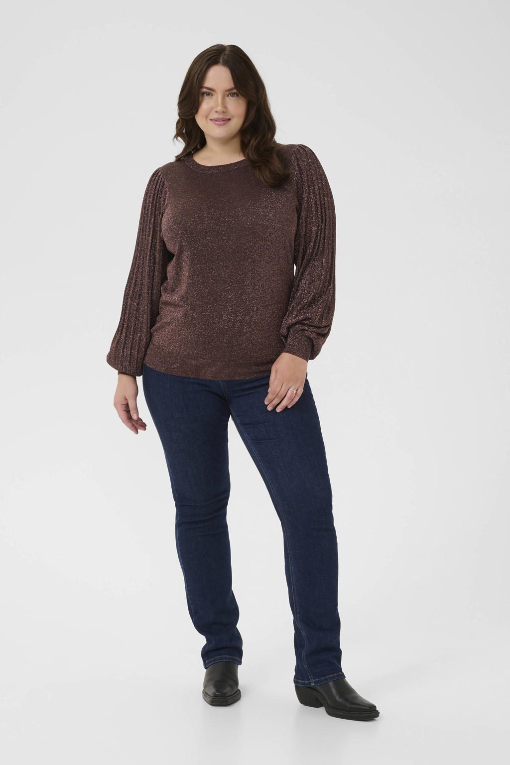 Donkerblauwe dames Kaffe Curve gebreide trui van viscose met effen, lange mouwen, ronde hals en glitters