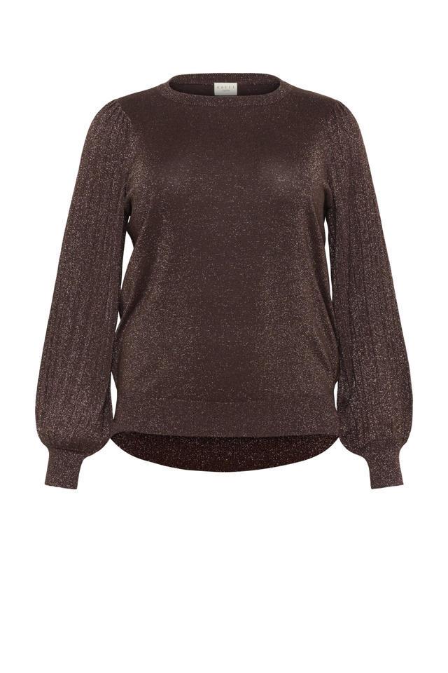 Kaffe Curve gebreide trui donkerbruin met glitter wehkamp