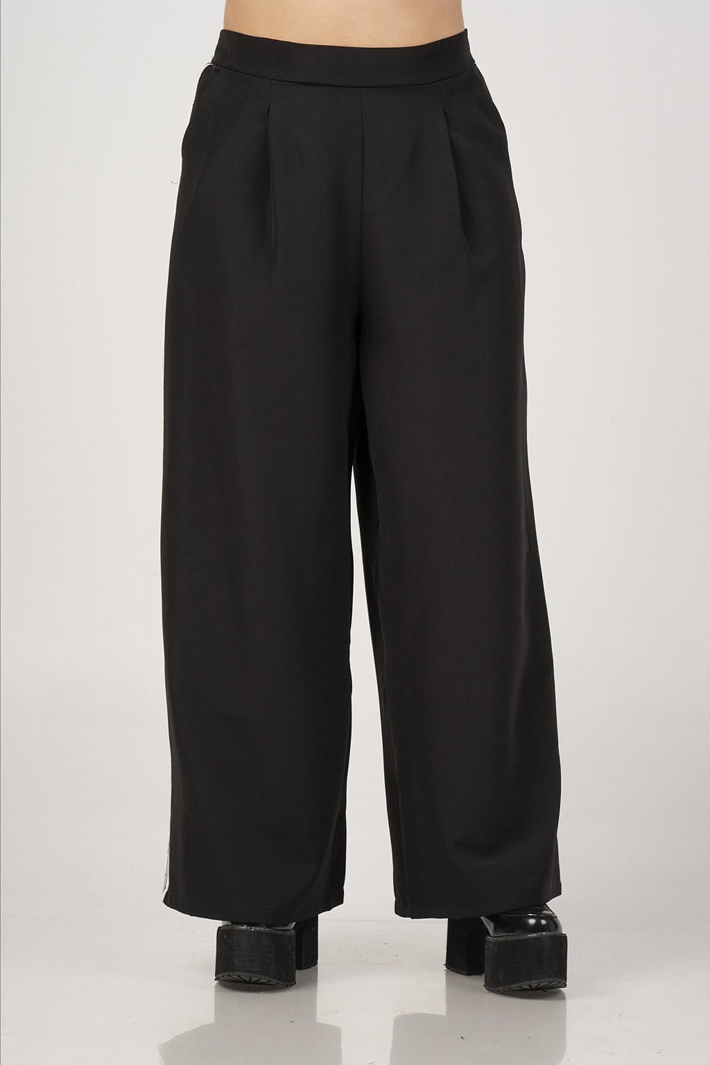 Zwarte dames Curviss baggy high waist gestreepte broek van polyester met elastische tailleband