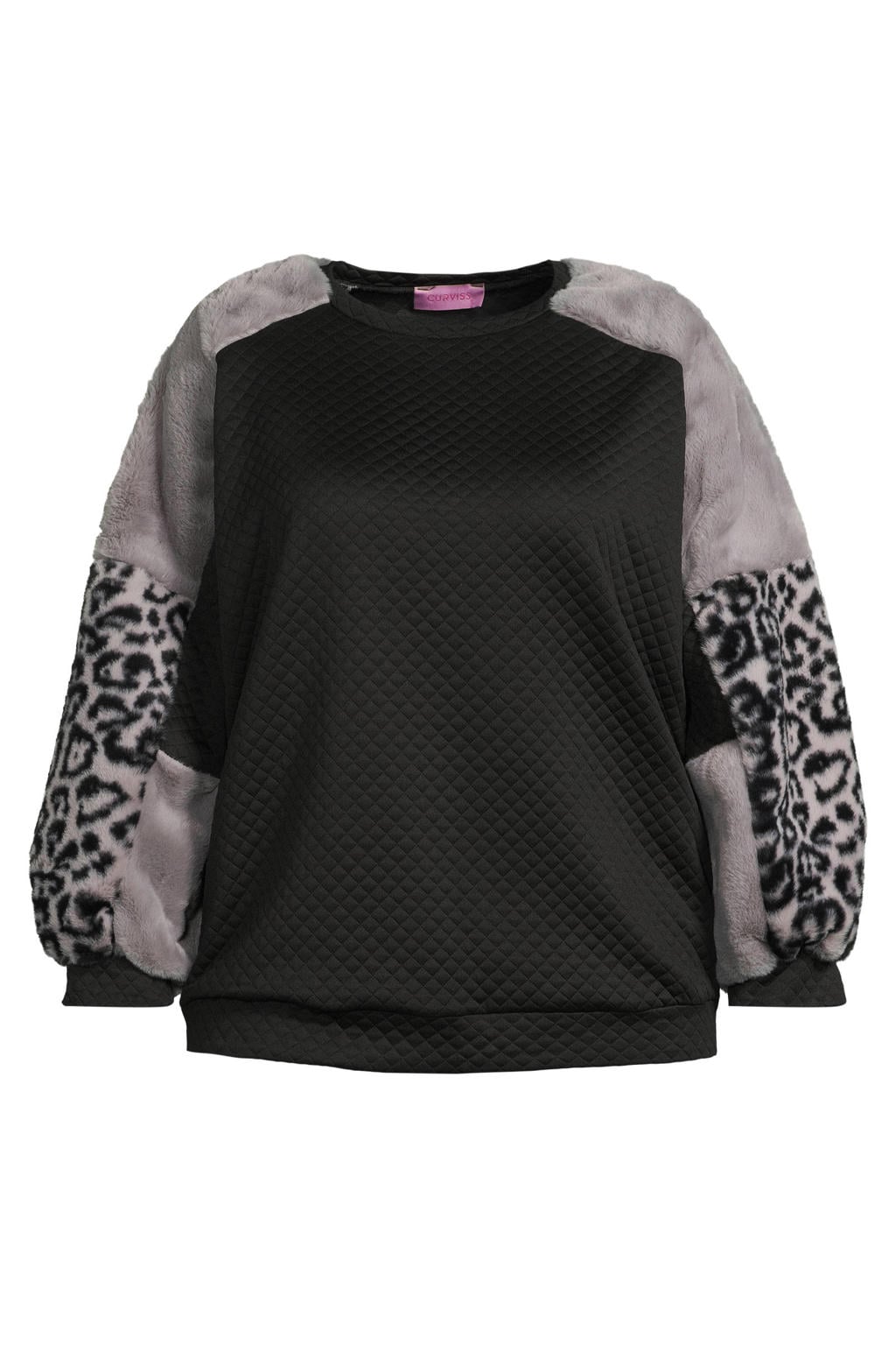 Zwarte dames Curviss sweater van polyester met dierenprint, lange mouwen en ronde hals