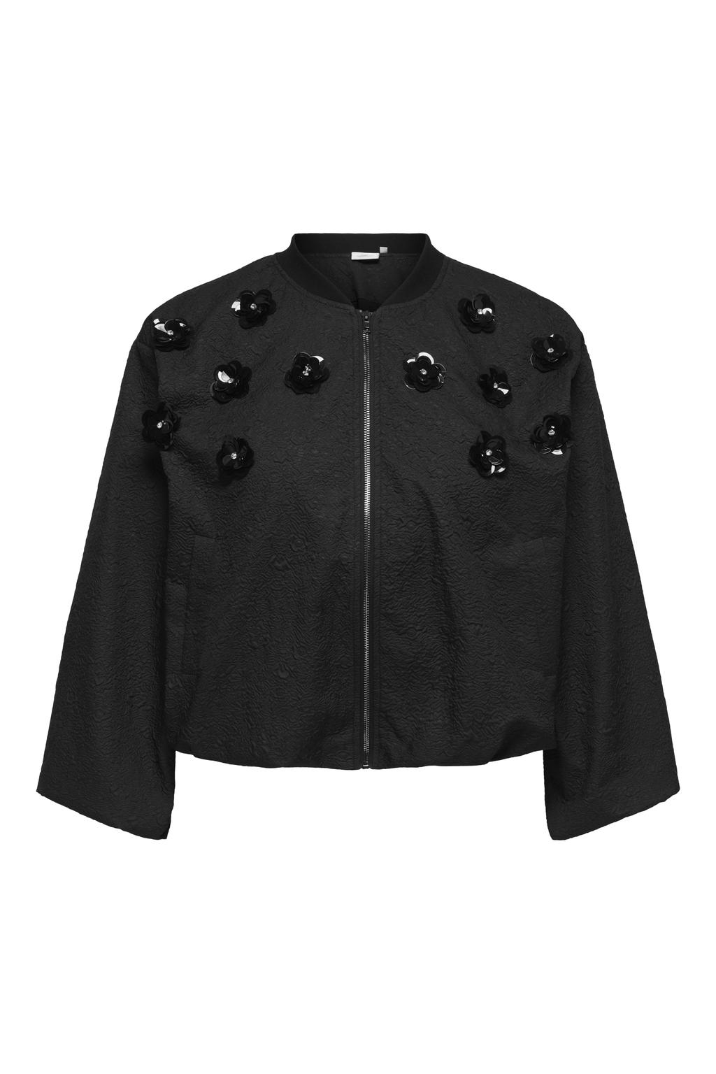 Zwarte dames ONLY CARMAKOMA bomberjack van polyester met effen, lange mouwen, ronde hals en geweven detail