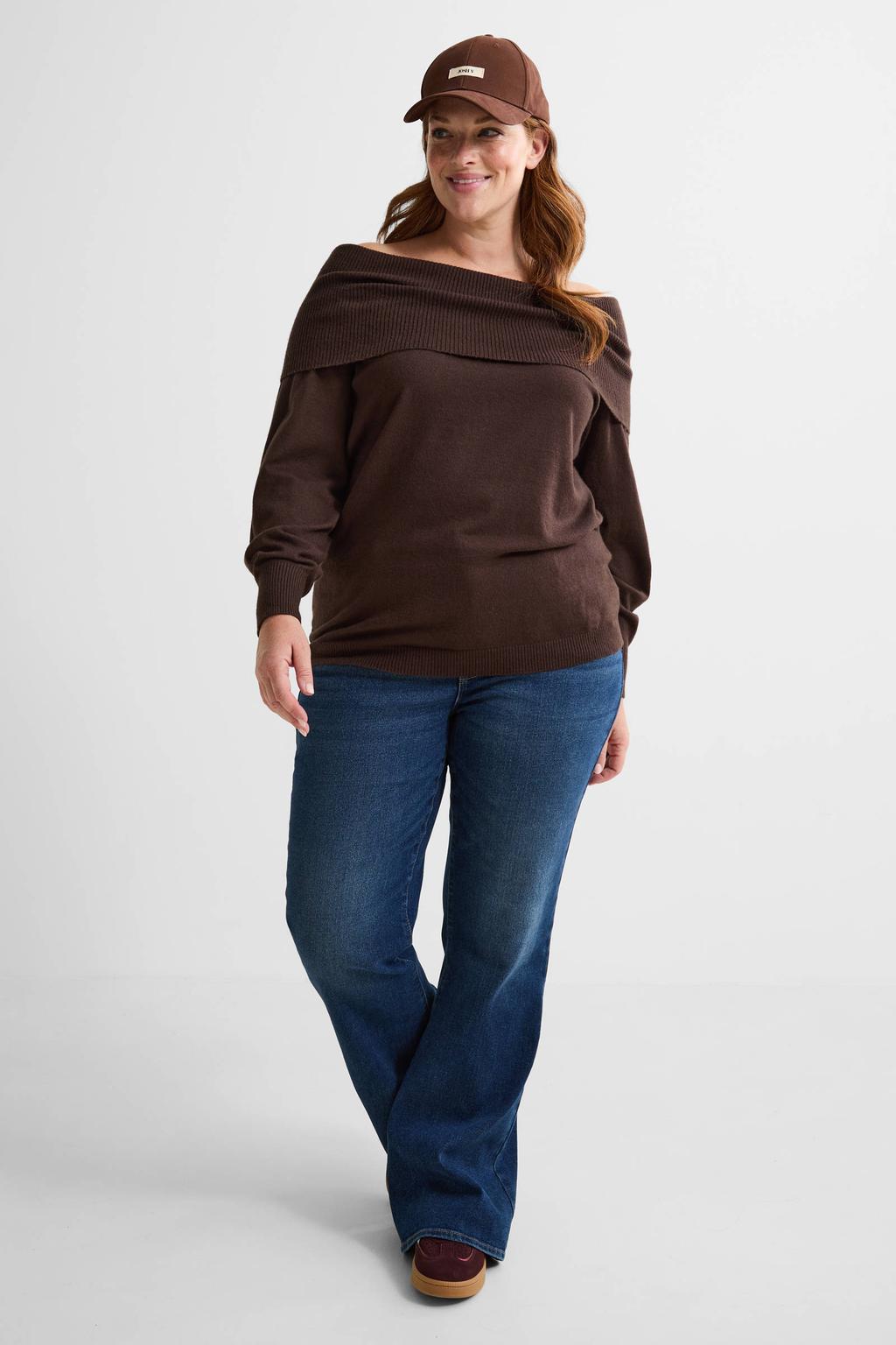 Donkerblauwe dames ONLY CARMAKOMA gebreide trui van viscose met effen, lange mouwen en off shoulder hals