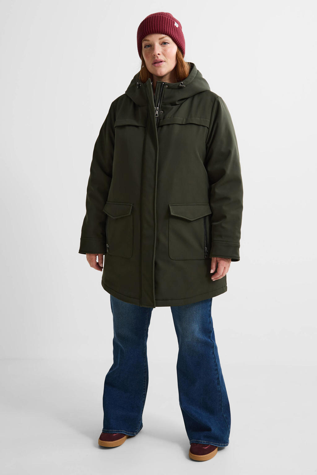 Donkergroene dames ONLY CARMAKOMA parka van polyester met effen, lange mouwen, capuchon en ritssluiting