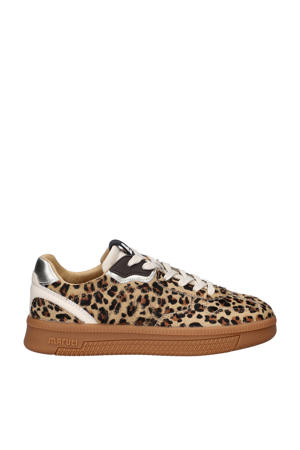 Yale  leren sneakers met ponyhair en panterprint beige/zwart