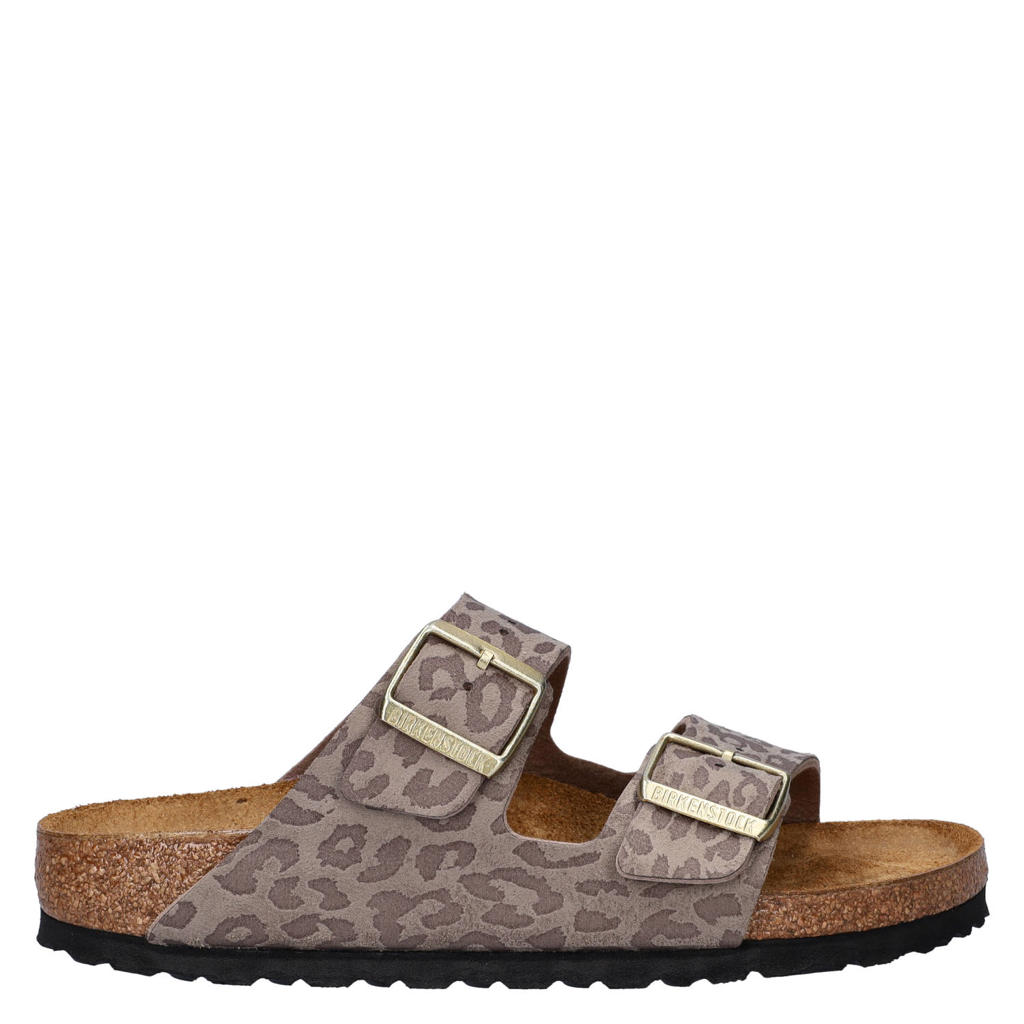 Taupe dames Birkenstock slippers van imitatieleer met gesp en panterprint