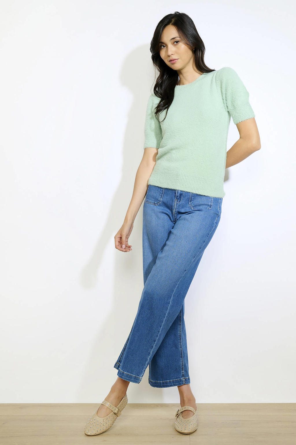 Mintgroene dames LOLALIZA pullover trui van nylon met effen, lange mouwen en ronde hals