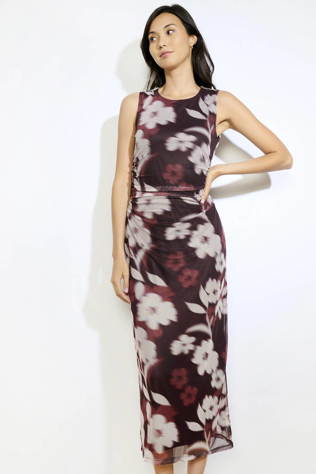 Donkerblauwe dames LOLALIZA midi jurk van polyester met bloemenprint en ronde hals