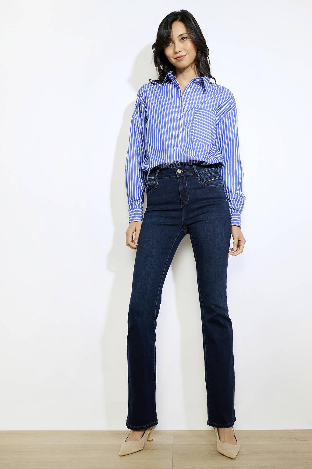 Dark blue denim dames LOLALIZA flared jeans dark blue van denim met rits- en knoopsluiting en effen