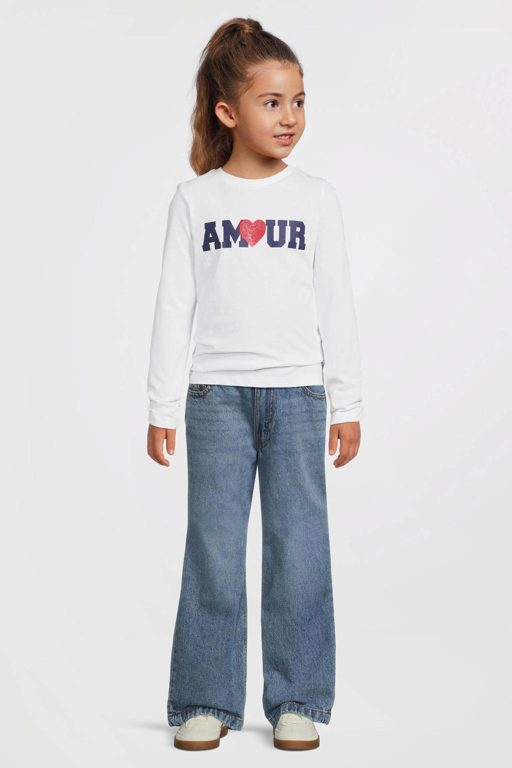 Witte meisjes Anytime longsleeve van katoen met printopdruk, lange mouwen, ronde hals en glitters