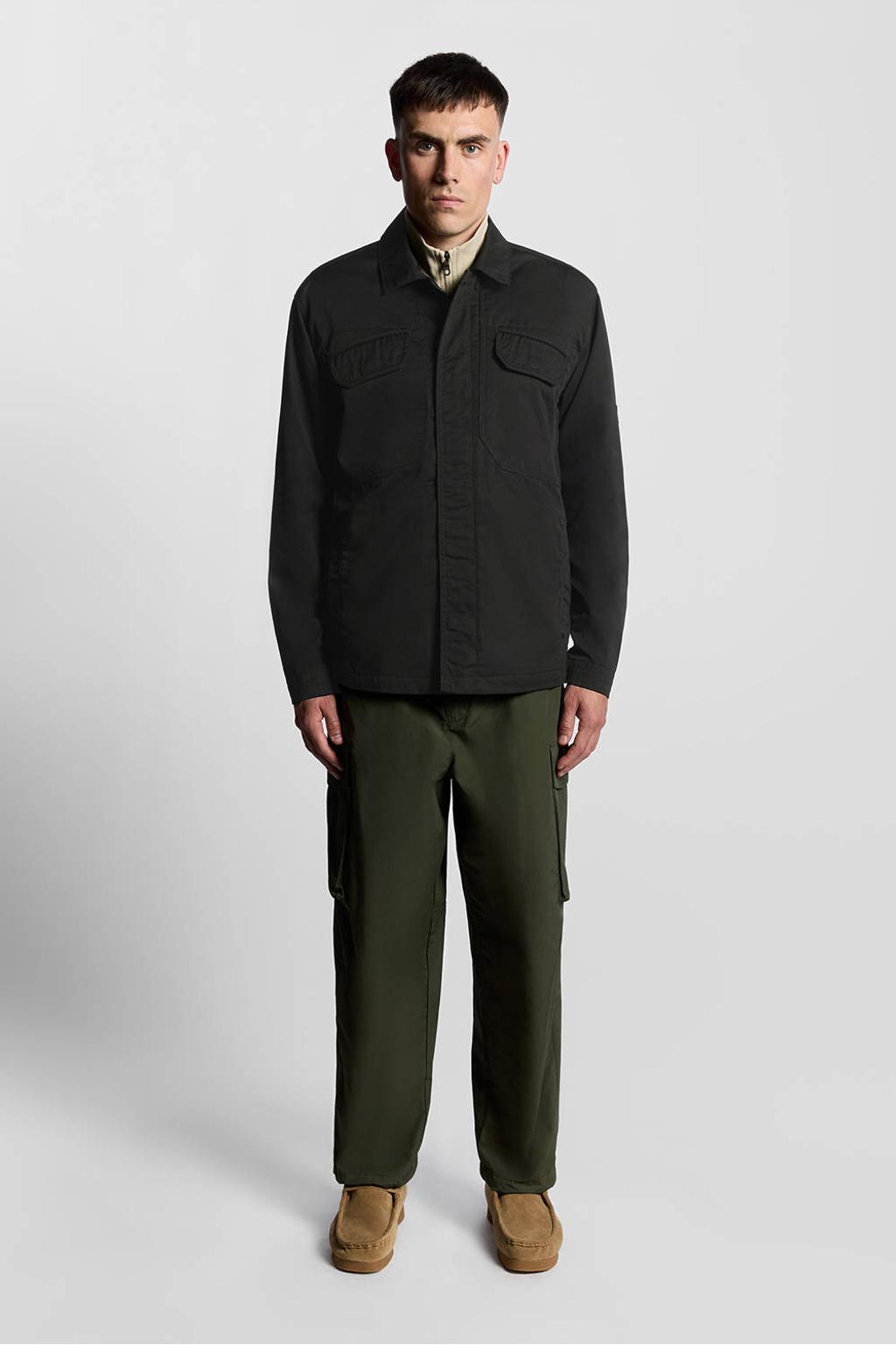 Zwarte heren Lyle & Scott overshirt van polyester met effen, lange mouwen, klassieke kraag en rits- en drukknoopsluiting
