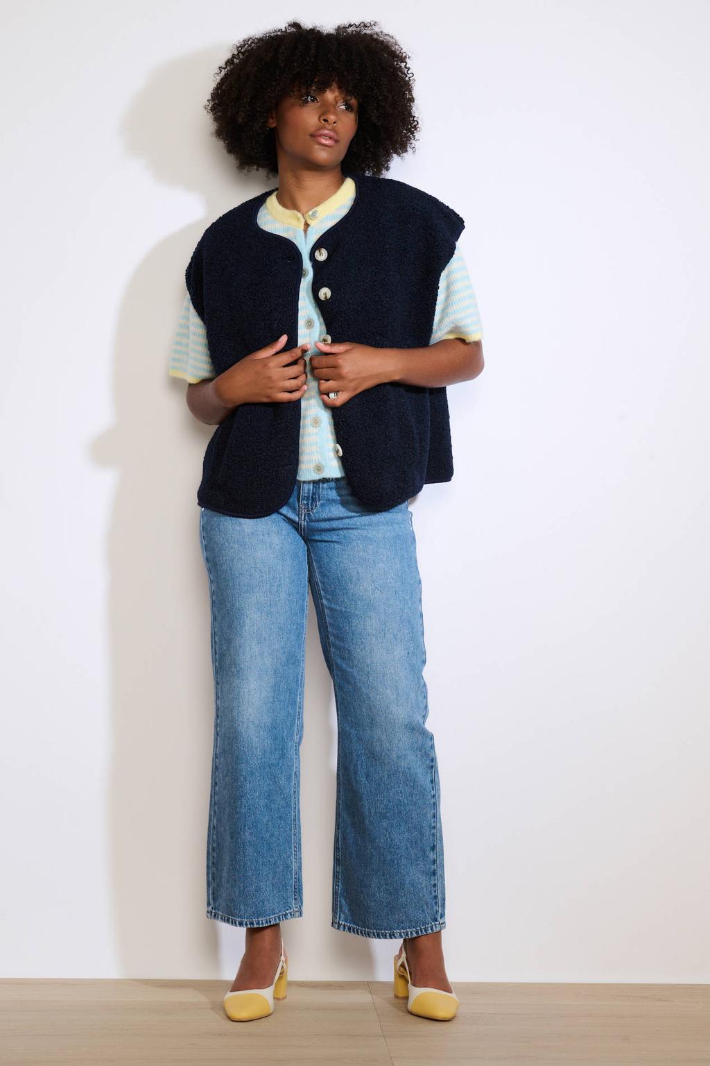 Donkerblauwe dames LOLALIZA gilet van polyester met effen, korte mouwen, ronde hals en knoopsluiting