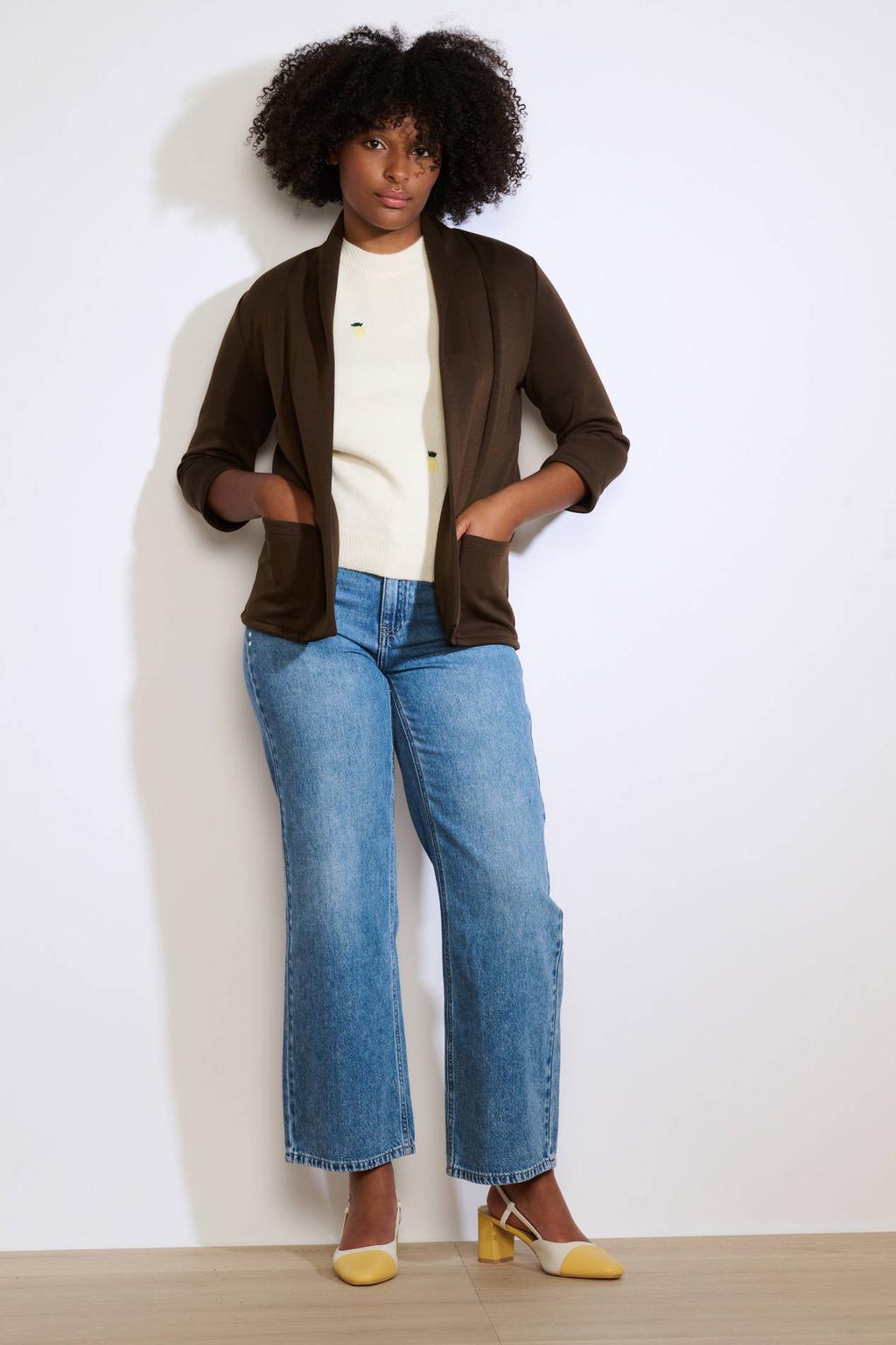 Bruine dames LOLALIZA sweatvest van polyester met effen, driekwart mouwen en reverskraag