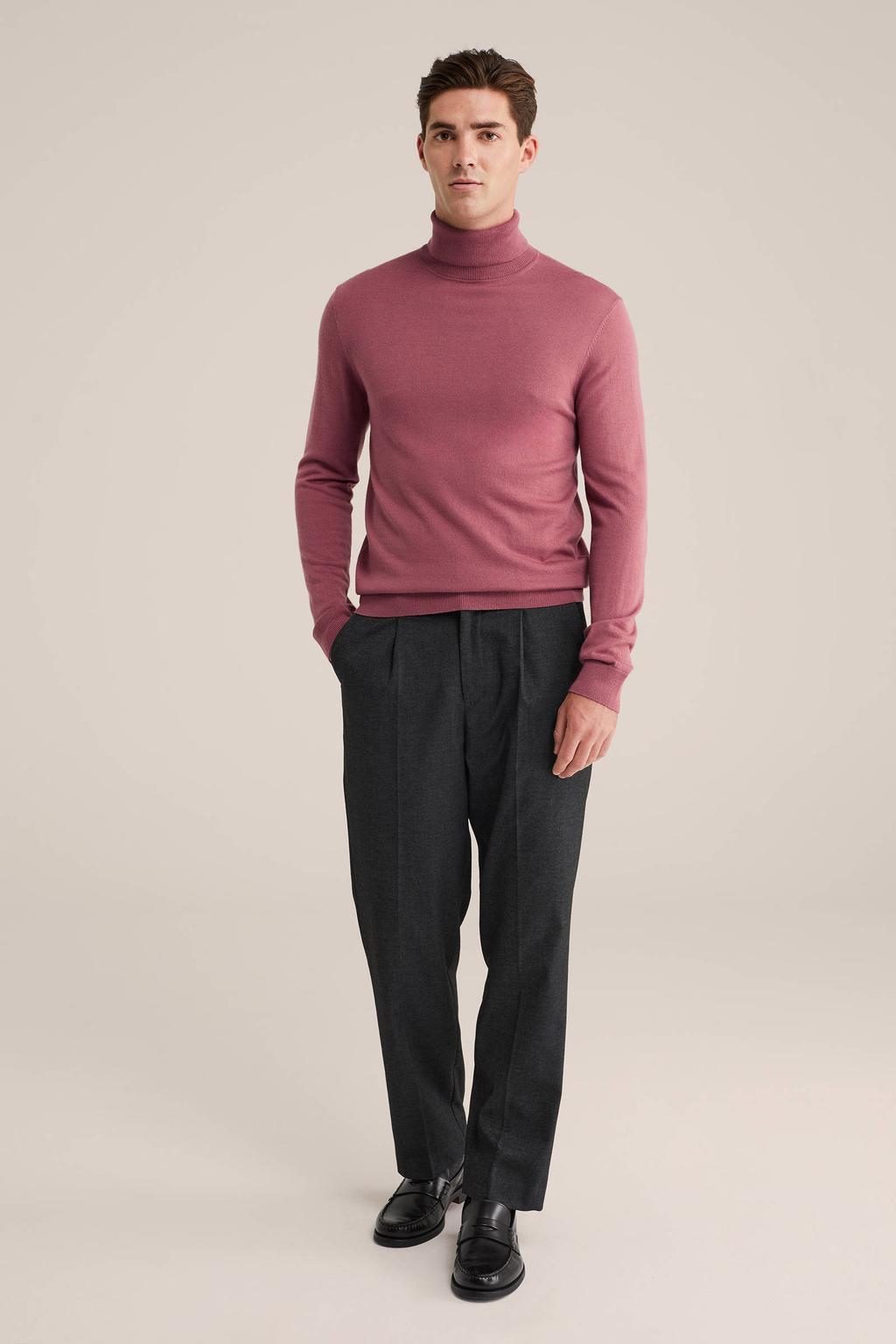 Roze heren WE Fashion coltrui fijn gebreid van merinowol met effen en lange mouwen