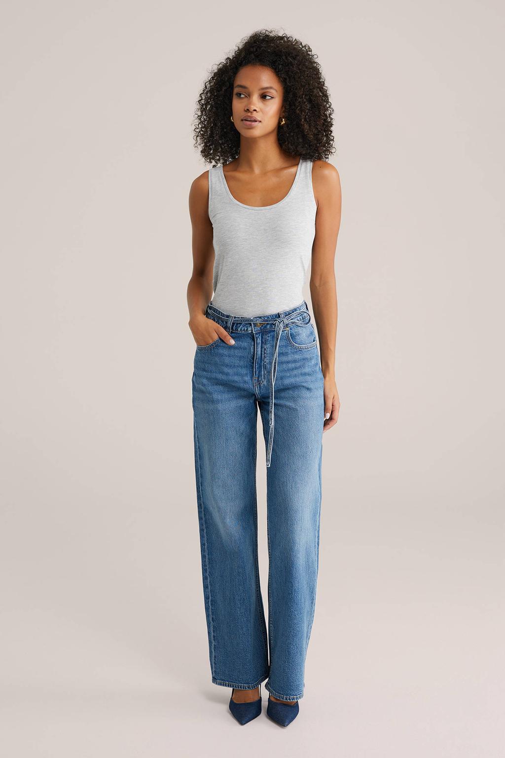 Medium blue denim dames WE Fashion Blue Ridge wide leg jeans van denim met rits- en knoopsluiting en effen