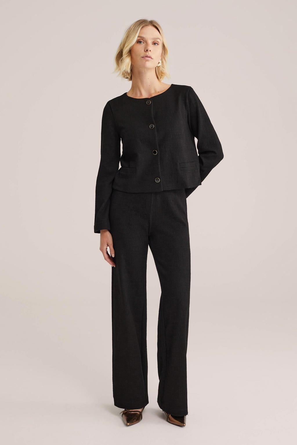 Zwarte dames WE Fashion straight regular waist broek van katoen met ritssluiting en effen