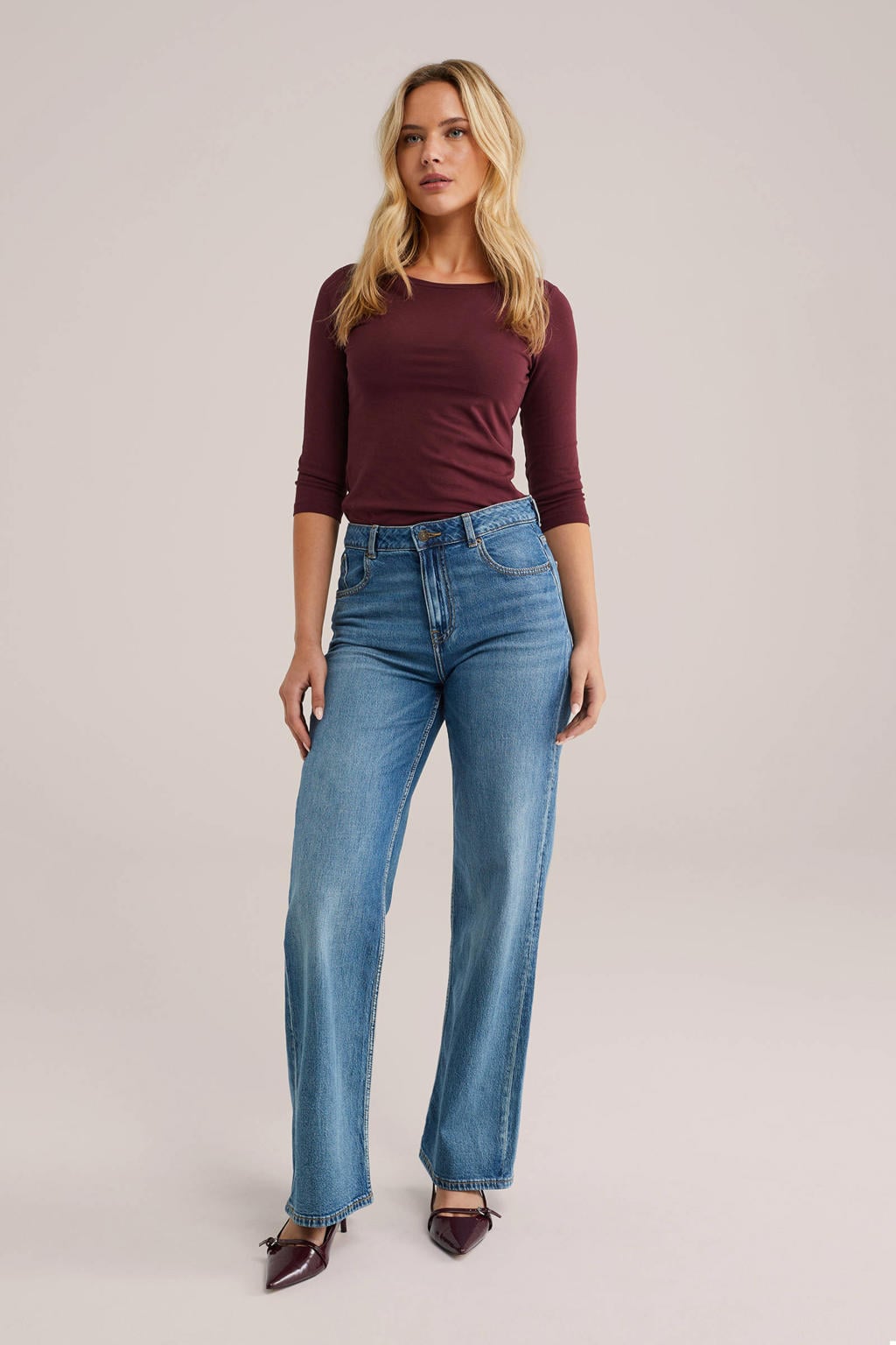Donkerrode dames WE Fashion top met effen, driekwart mouwen en ronde hals