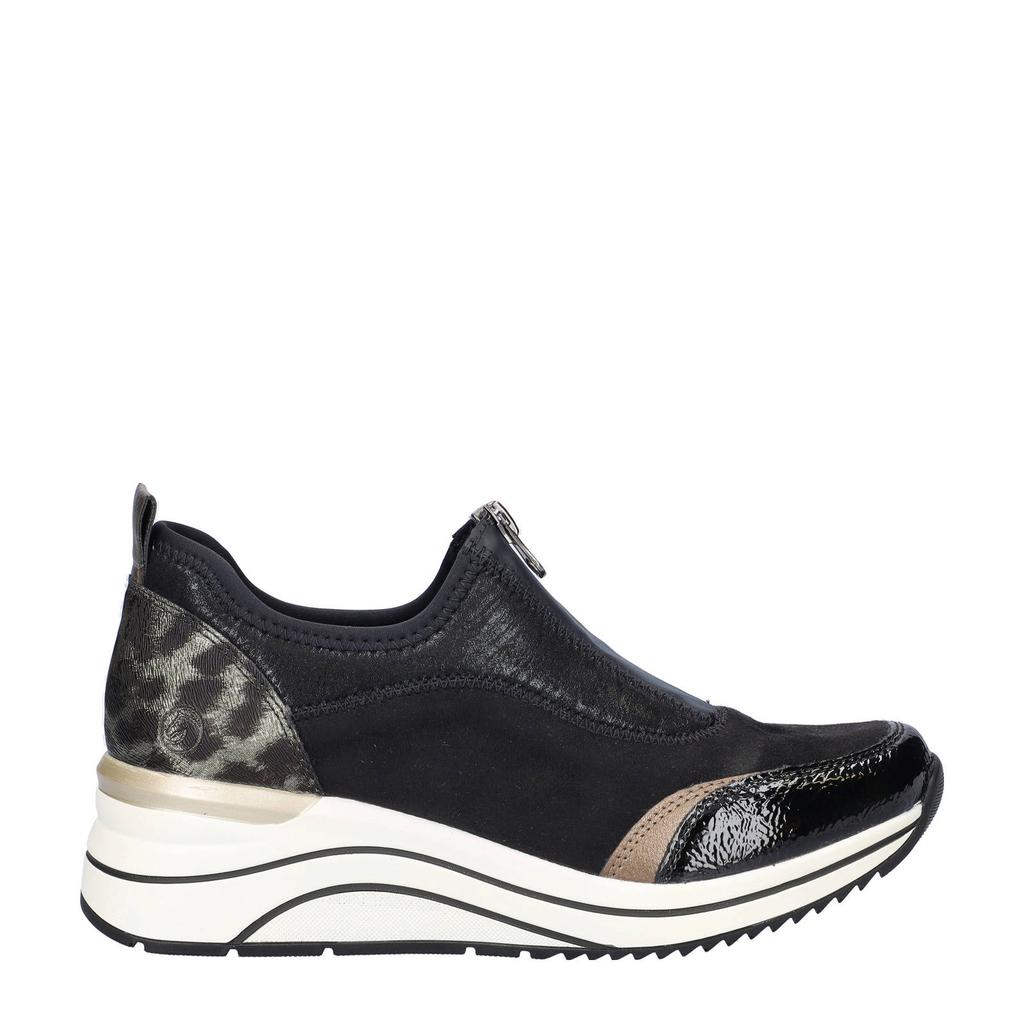 Zwarte dames Remonte sneakers van rekbaar textiel, suedine en imitatieleer met ritssluiting