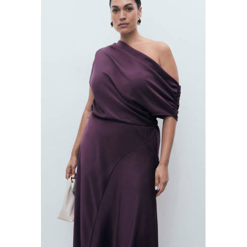 Mango satijnen one shoulder jurk donkerpaars afbeelding