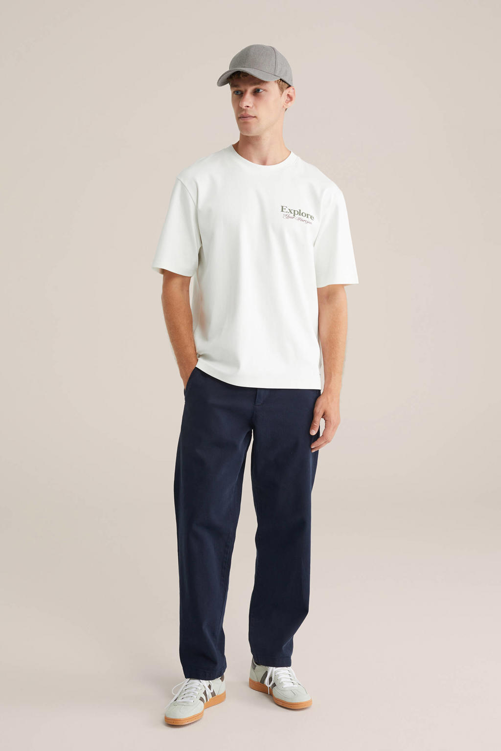 Witte heren WE Fashion loose T-shirt van katoen met backprint, korte mouwen en ronde hals