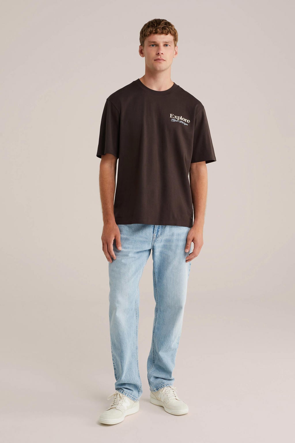 Bruine heren WE Fashion loose T-shirt van katoen met backprint, korte mouwen en ronde hals