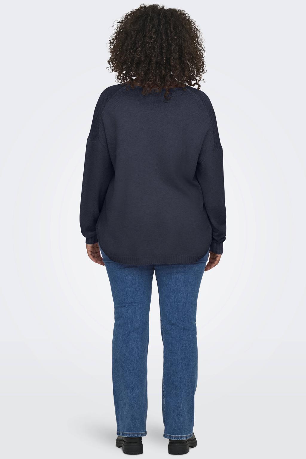 Donkerblauwe dames ONLY CARMAKOMA pullover gebreid van viscose met melée print, lange mouwen en V-hals