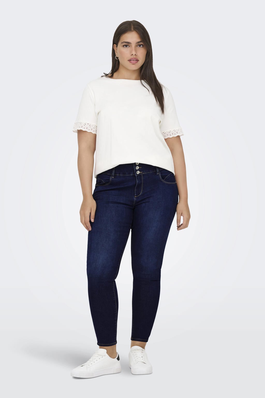 Dark blue denim dames ONLY CARMAKOMA high waist skinny jeans dark blue van denim met rits- en knoopsluiting en effen
